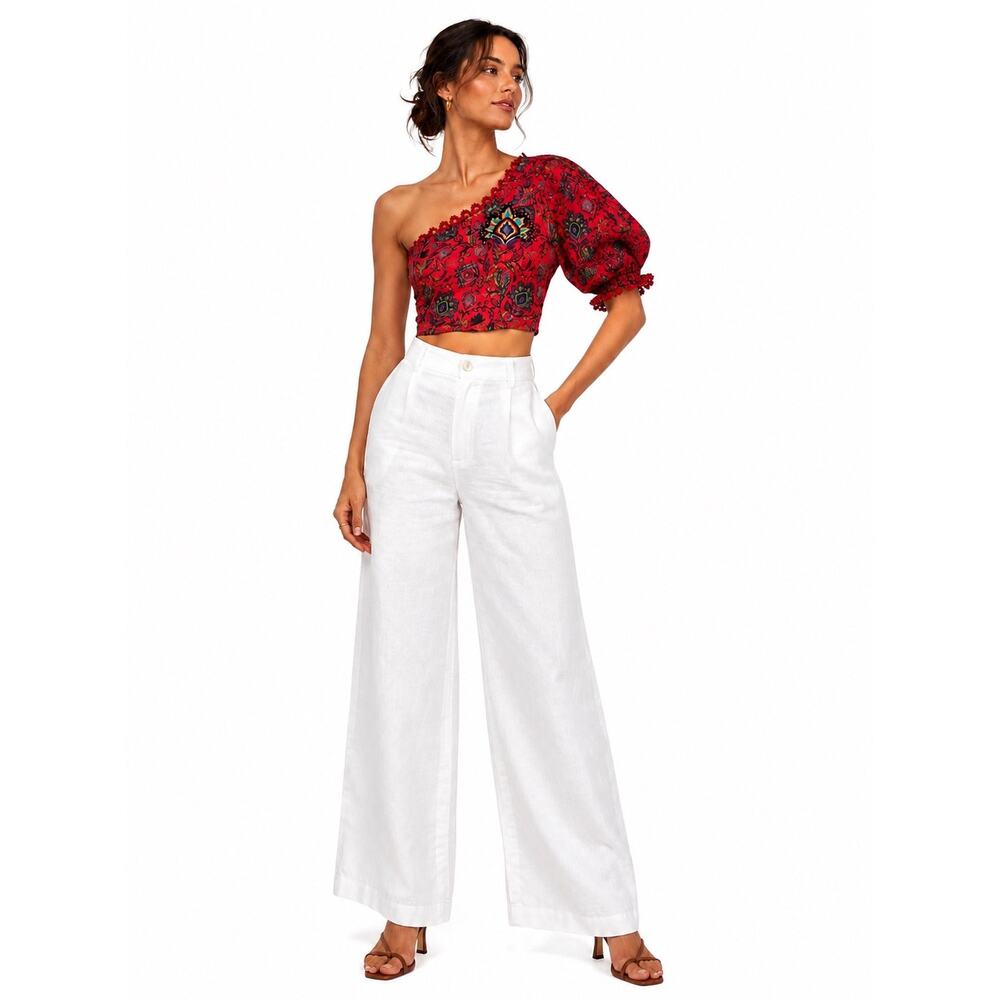 PO-EX Farm Rio Anthropologie Red Floral One Shoulder Crop Top Embroidered XXS